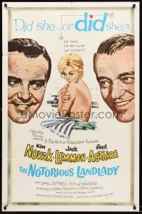 7g581 NOTORIOUS LANDLADY 1sh '62 art of sexy naked Kim Novak between Jack Lemmon & Fred Astaire!