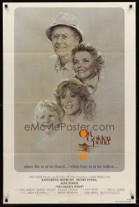 7g597 ON GOLDEN POND 1sh '81 art of Katharine Hepburn, Henry Fonda, and Jane Fonda by C.D. de Mar!