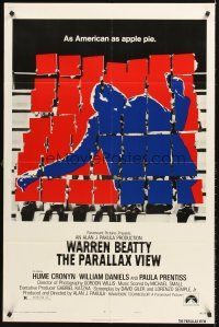7g613 PARALLAX VIEW style B 1sh '74 Warren Beatty, as American as apple pie, cool image!