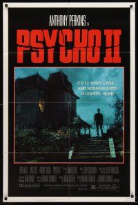 7g655 PSYCHO II 1sh '83 Anthony Perkins as Norman Bates, cool creepy image of classic house!