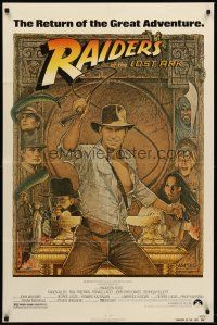 7g669 RAIDERS OF THE LOST ARK 1sh R82 great art of adventurer Harrison Ford by Richard Amsel!