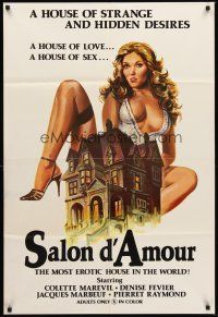 7g712 SALON D'AMOUR 1sh '76 artwork of sexy Colette Marevil behind mansion, rated X!