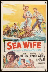 7g727 SEA WIFE 1sh '57 great castaway artwork of sexy Joan Collins & Richard Burton on raft at sea!