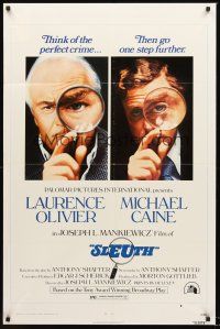 7g771 SLEUTH 1sh '72 close-ups of Laurence Olivier & Michael Caine with magnifying glasses!