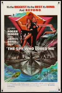 7g793 SPY WHO LOVED ME 1sh '77 cool artwork of Roger Moore as James Bond by Bob Peak!