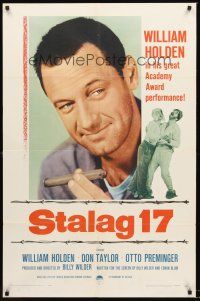 7g798 STALAG 17 1sh R59 huge different close up of William Holden, Billy Wilder WWII classic!