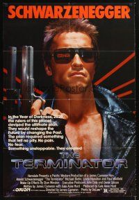 7g861 TERMINATOR 1sh '84 super close up of most classic cyborg Arnold Schwarzenegger with gun!