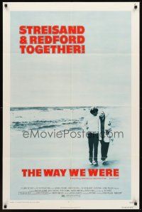 7g949 WAY WE WERE 1sh '73 Barbra Streisand & Robert Redford walk on the beach!