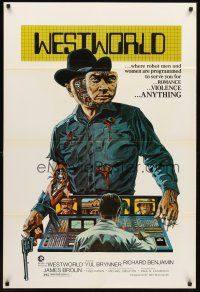 7g952 WESTWORLD 1sh '73 Michael Crichton, cool artwork of cyborg Yul Brynner by Neal Adams!