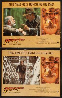 7h339 INDIANA JONES & THE LAST CRUSADE 8 English LCs '89 Harrison Ford & Sean Connery, Spielberg