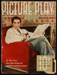 7j094 PICTURE PLAY magazine November 1938 Tyrone Power relaxing by Alfred Cheney Johnston!