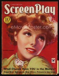 7j049 SCREEN PLAY magazine May 1934 great artwork portrait of pretty Katharine Hepburn!