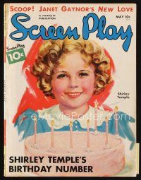 7j052 SCREEN PLAY magazine May 1936 art of Shirley Temple with birthday cake by Marren!