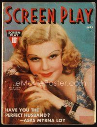 7j053 SCREEN PLAY magazine May 1937 great portrait of sexy Jean Harlow by James N. Doolittle!
