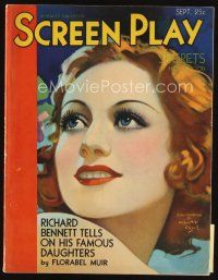 7j046 SCREEN PLAY magazine September 1931 wonderful art of Joan Crawford by Henry Clive!