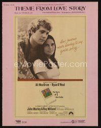 7j293 LOVE STORY sheet music '70 romantic close up of Ali MacGraw & Ryan O'Neal, the theme song!