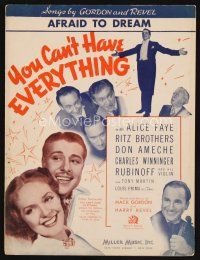 7j320 YOU CAN'T HAVE EVERYTHING sheet music '37 Alice Faye, Ritz Bros, Ameche, Afraid to Dream!