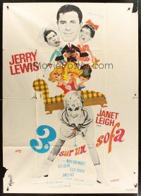 7k252 3 ON A COUCH French 1p '66 different art of wacky Jerry Lewis & sexy Janet Leigh by Siry!