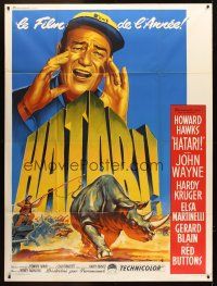 7k452 HATARI French 1p '62 Howard Hawks, best art of John Wayne in Africa by Roger Soubie!
