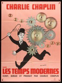 7k559 MODERN TIMES French 1p R70s art of Charlie Chaplin running with gears by Leo Kouper!