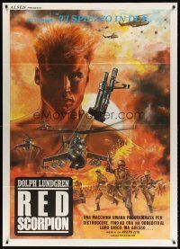 7k203 RED SCORPION Italian 1p '89 cool artwork of Dolph Lundgren looming over battlefield!