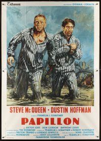 7k089 PAPILLON Italian 2p R1970s different art of prisoners Steve McQueen & Dustin Hoffman escaping!