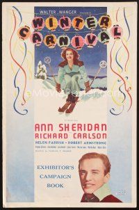 7m484 WINTER CARNIVAL English pressbook '39 Ann Sheridan, Carlson & Helen Parrish, snow sports art!