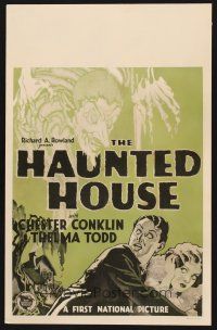 7m209 HAUNTED HOUSE WC '28 cool artwork of Thelma Todd & Chester Conklin with ghost!