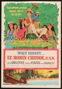 7m243 LT. ROBIN CRUSOE, U.S.N. WC '66 Disney, cool art of Dick Van Dyke chased by island babes!