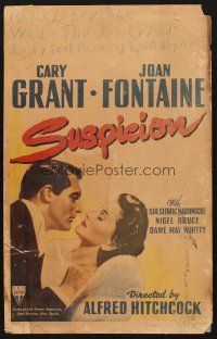 7m311 SUSPICION WC '41 Alfred Hitchcock, romantic c/u art of Cary Grant & Joan Fontaine