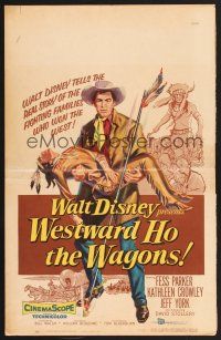 7m330 WESTWARD HO THE WAGONS WC '57 artwork of cowboy Fess Parker holding Native American!