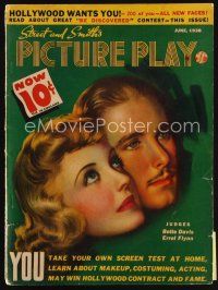 7p113 PICTURE PLAY magazine June 1938 artwork of Bette Davis & Errol Flynn! by Zoe Mozert!