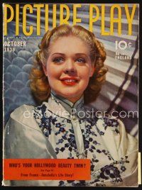 7p123 PICTURE PLAY magazine October 1939 portrait of beautiful Alice Faye by Gene Kornman!