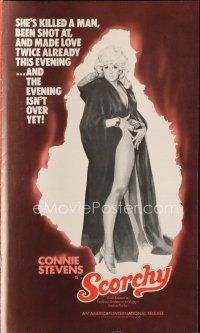 7p392 SCORCHY pressbook '76 full-length art of sexiest barely-dressed Connie Stevens in black cape!