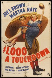 7r002 $1,000 A TOUCHDOWN style A 1sh '39 art of Joe E. Brown & Martha Raye by giant football!