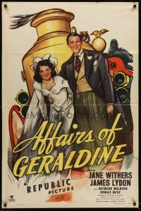 7r019 AFFAIRS OF GERALDINE 1sh '46 art of newly married Jane Withers & Jimmy Lydon & fire engine!