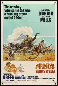 7r020 AFRICA - TEXAS STYLE 1sh '67 art of Hugh O'Brien roping zebra by stampeding animals!