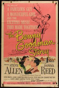 7r086 BENNY GOODMAN STORY 1sh '56 Steve Allen as Goodman, Donna Reed, Gene Krupa, Reynold Brown art