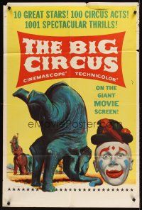 7r091 BIG CIRCUS teaser 1sh '59 David Nelson, Kathryn Grant, art of clown & elephant!