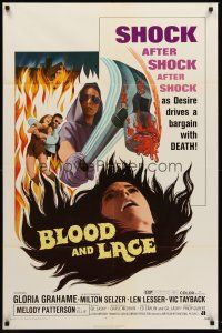 7r111 BLOOD & LACE 1sh '71 AIP, gruesome horror image of wacky cultist w/bloody hammer!