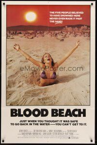 7r112 BLOOD BEACH 1sh '81 classic Jaws parody image of sexy girl in bikini sinking in quicksand!
