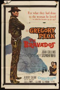 7r126 BRAVADOS 1sh '58 full-length art of cowboy Gregory Peck with gun & sexy Joan Collins!