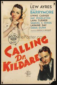 7r142 CALLING DR. KILDARE 1sh '39 artwork of Lew Ayres talking to nurse Laraine Day on phone!