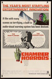 7r159 CHAMBER OF HORRORS 1sh '66 wild image of man with butcher knife hand, the fear flasher!