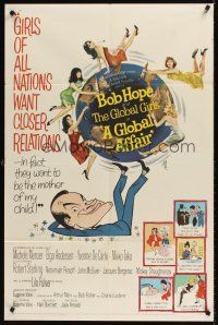 7r336 GLOBAL AFFAIR 1sh '64 great art of Bob Hope spinning Earth & sexy girls, Yvonne De Carlo!