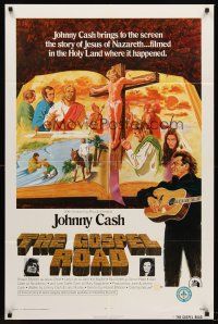 7r343 GOSPEL ROAD 1sh '73 artwork of Biblical Johnny Cash with guitar & scenes of Jesus!