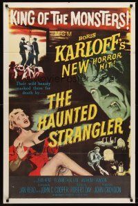 7r378 HAUNTED STRANGLER 1sh '58 creepy Boris Karloff marked their death by their wild beauty!