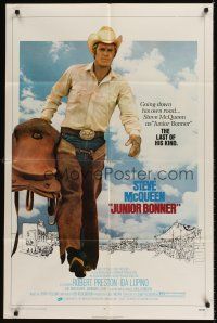7r486 JUNIOR BONNER 1sh '72 full-length rodeo cowboy Steve McQueen carrying saddle!