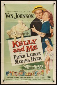 7r491 KELLY & ME 1sh '57 art of Van Johnson, Piper Laurie, sexy Martha Hyer & dog by Reynold Brown!