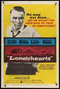 7r549 LONELYHEARTS 1sh '59 guilt-ridden Montgomery Clift, from Nathaniel West's depressing novel!
